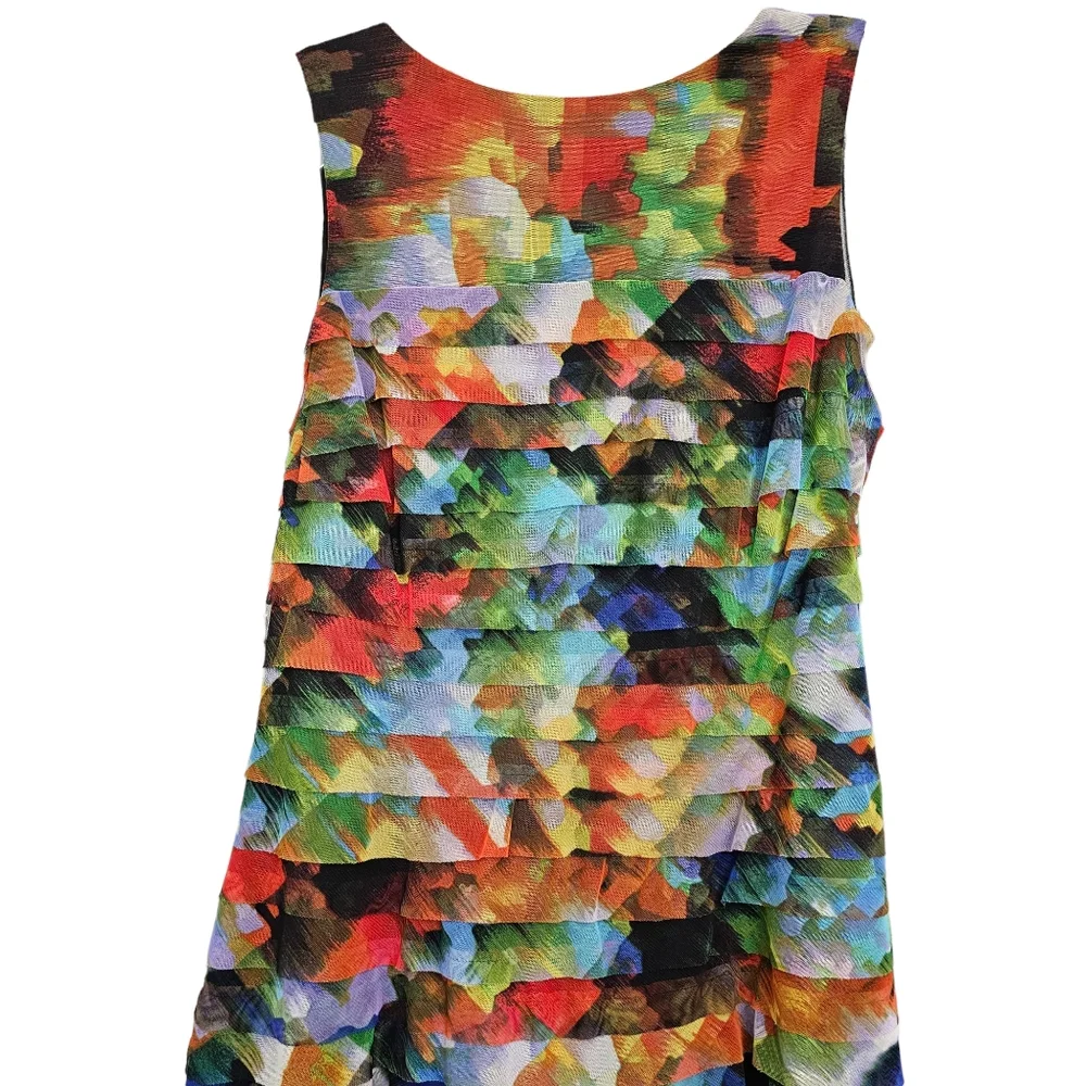 London Times Jeweltones Abstract Paint Splash Tiered Sleeveless Mesh Dress - Picture 6 of 15